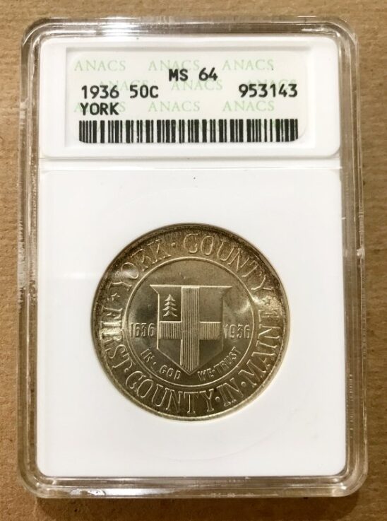1936 York County Commemorative Silver 50c Half Dollar Coin ANACS MS 64