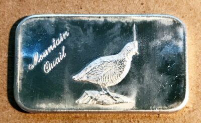 1973 Justice Mint Mountain Quail 1oz .999 Silver Bar